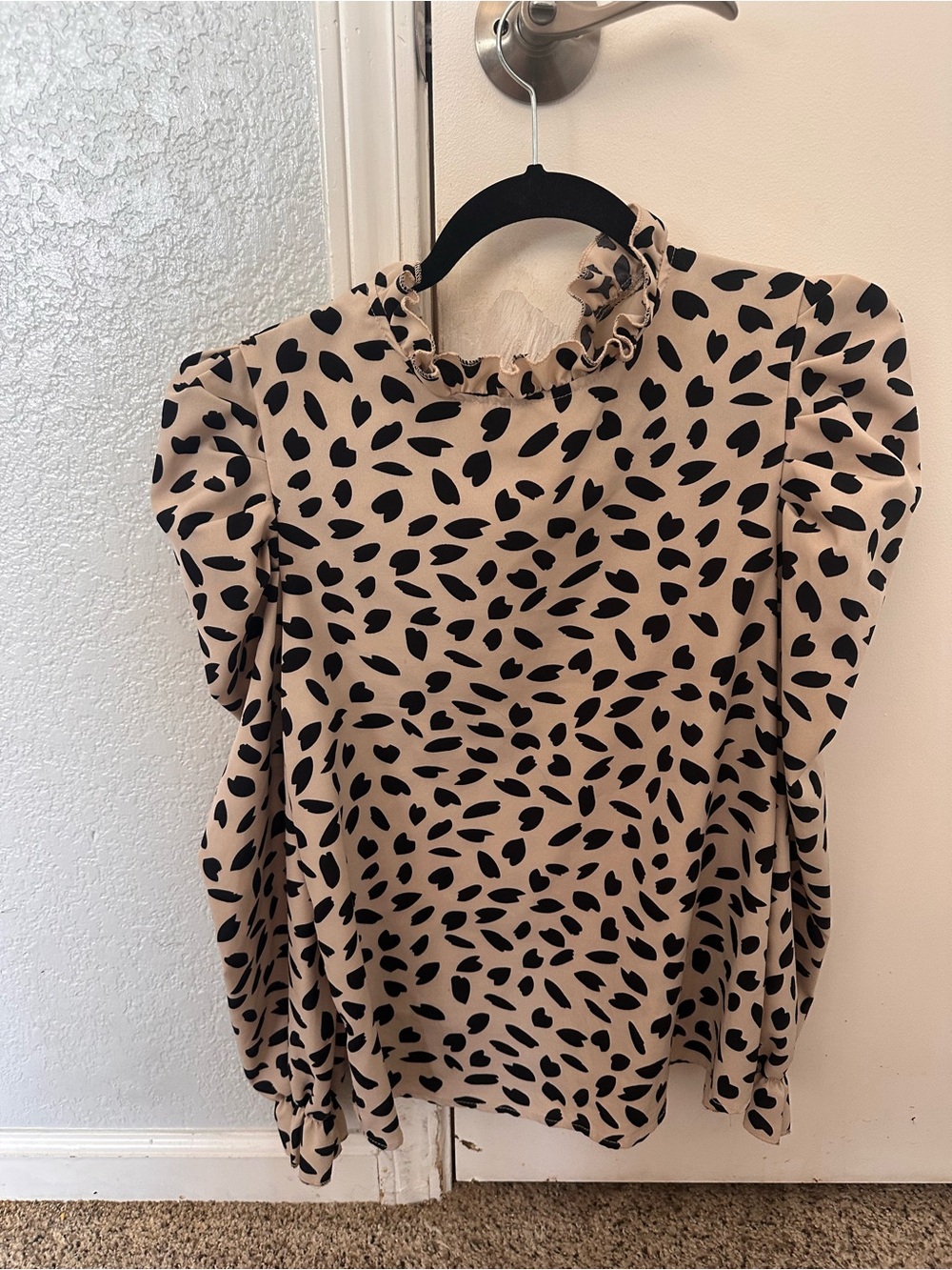 SHEIN Beige Ruffle Neck Blouse with Black Spot Print